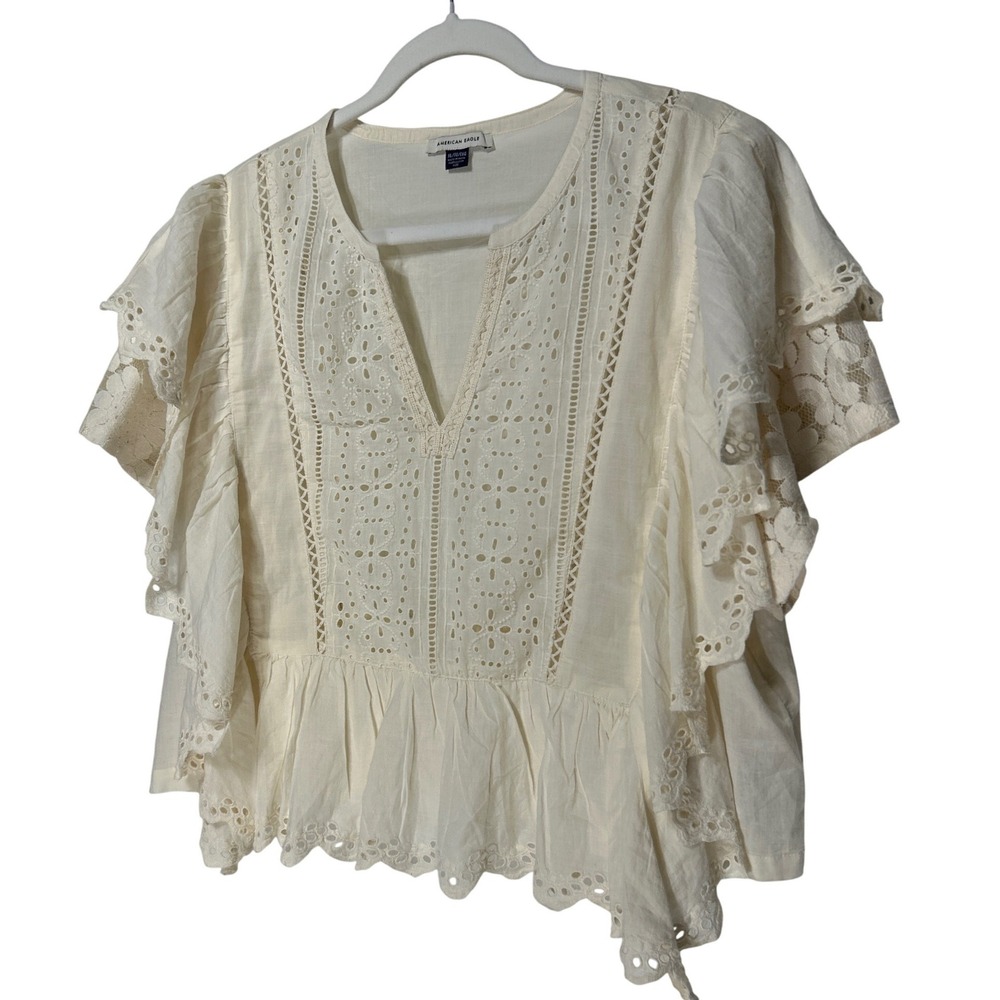 American Eagle Cream Eyelet Lace Flutter Sleeve Peplum Blouse XL Boho V-Neck
